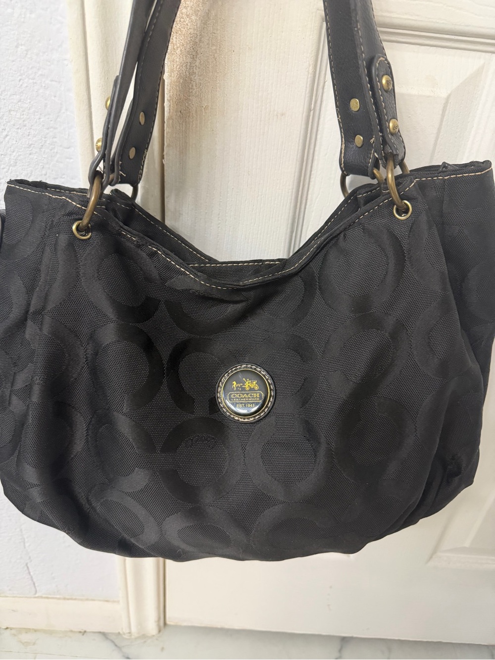 Coach Black Signature Jacquard Shoulder Bag with Leather Trim